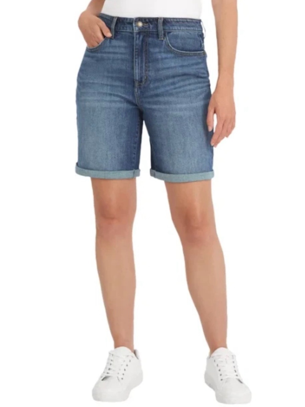 4/27 Wrangler Women's High Rise Denim Shorts Cotton Blue Jorts Rolled